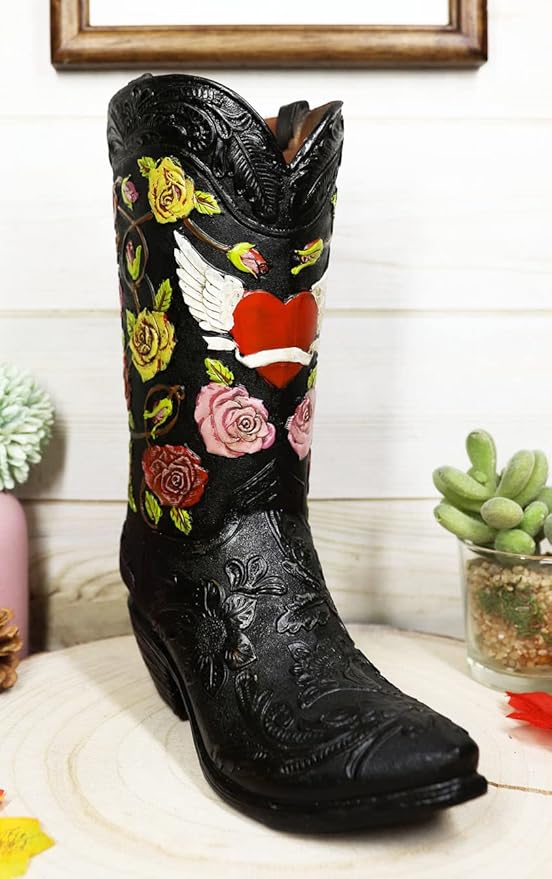 Ebros Gift Rustic Western Black Faux Tooled Leather Cowboy Cowgirl Boot with Colorful Rose Flowers and Angel Winged Heart Decorative Figurine Or Floral Vase Planter Table Countertop Accent