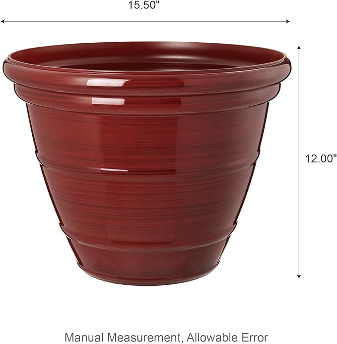 Glitzhome 15.5" D Large Flower Pots, Set of 2 Tall Planters for Outdoor Plants with Drainage Holes,Red Faux Ceramic Finish,Round Plastic Tall Flower Pots for Garden, Patio, Porch or Indoor Use