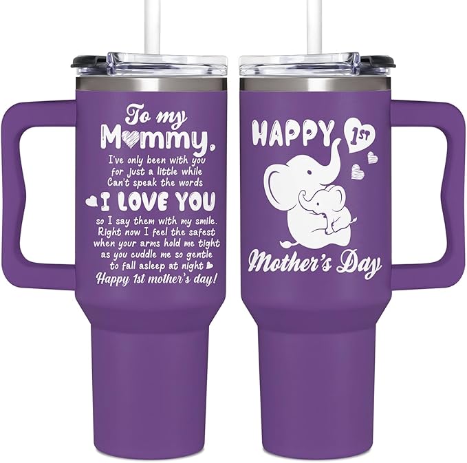 First Mothers Day Gifts For New Mom, Daughter From Baby, Sister, Son - 1st Mothers Day Gifts - First Time Mom Presents - Happy Mommy Day Gift Idea - Elephant 40Oz Tumbler With Handle Straw