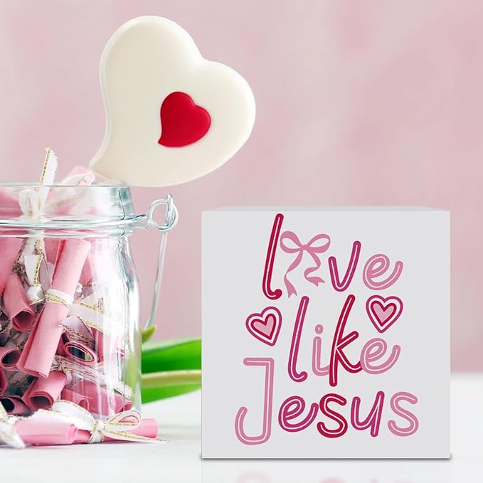 Valentines Day Decorations, Valentines Day Gifts for Her Him, Gift for Boyfriend Girlfriend, Pink Heart Bow Jesus Anniversary Wooden Box Sign Husband Wife Home Office Bedroom Desk Decor