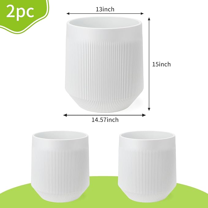 Yaghpy Plant Pots，Set of 2 Plastic Large Pots for Indoor Plants,Flower Pots Outdoor Planters with Drainage Hole and Seamless Saucer,(White 15Inches)