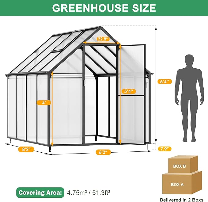 CDCASA Polycarbonate Greenhouse, 8.2x6.2 FT Easy Assembly Aluminum Heavy Duty Greenhouses for Outdoors w/ Window, Swing Door, Walk-in Green House for Sunroom,Outside, Backyard, Garden, Black