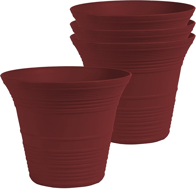 The HC Companies 7 Inch Sedona Round Self Watering Planter Pots, Lightweight UV-Resistant Plastic Indoor & Outdoor Planters, 4-Pack Flower Pots for Garden & Home Decor, Wild Red