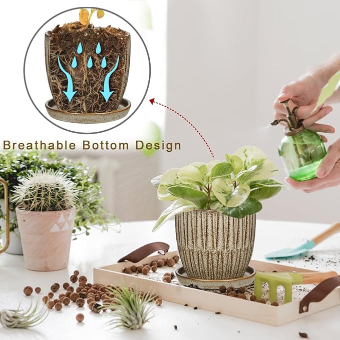 Oairse Ceramic Pots for Indoor Plants, 4.7 +5.7 inch Pots for Plants Set of 2 Brown Plant Pots with Drainage Holes and Saucers Texture Ceramic Planters Indoor Outdoor Flower Pot for Succulent