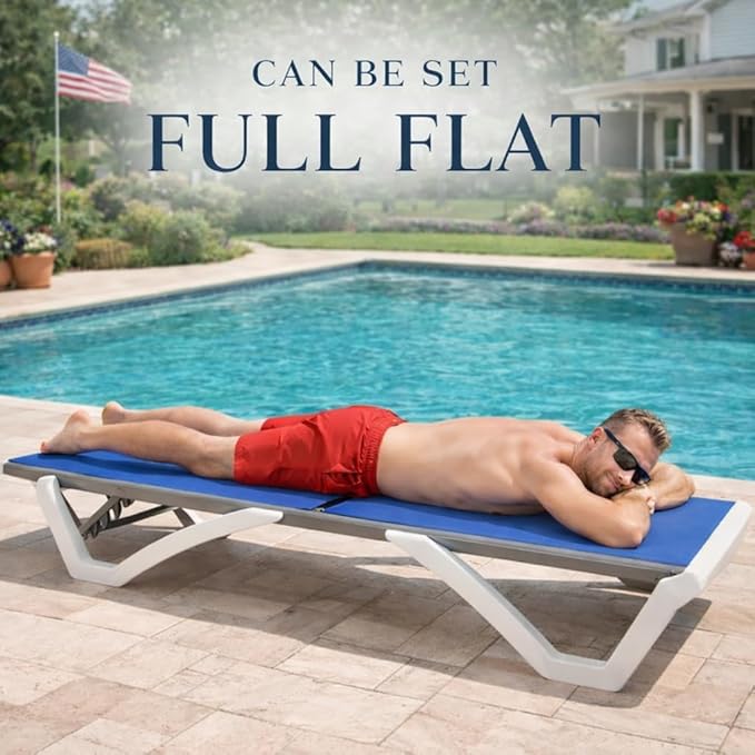 Kozyard Outdoor Chaise Lounge Chair, Full Flat Adjustable Patio Lounger with Aluminum Frame & Resin Legs, Textilene Fabric for Poolside, Backyard & Beach (NavyBlue)