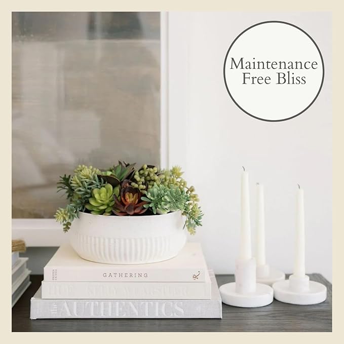 Round Faux Succulent Arrangement, 12" Premium Artificial Indoor Plant Enhances Interior Design, Display on any Surface in Your Home Adding an Inviting Touch of Nature, White Planter Pot Included
