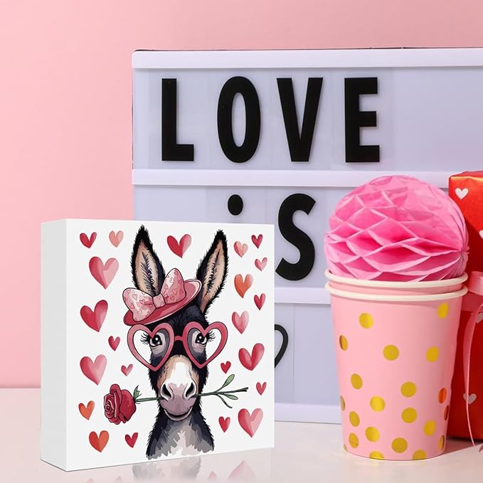 Valentines Day Decorations, Valentines Day Gifts for Her Him, Gift for Boyfriend Girlfriend, Pink Heart Rose Donkey Anniversary Wooden Box Sign Husband Wife Home Office Bedroom Desk Decor