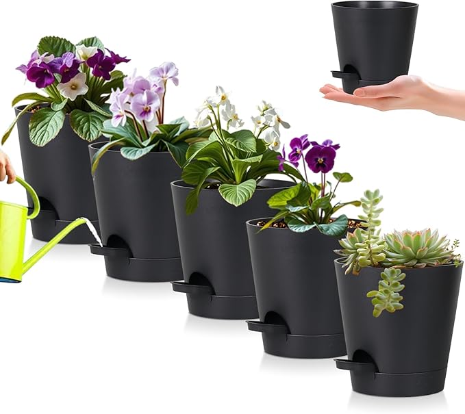 zople 5 Pack 5 inch Self-Watering Pots, African Violets Planter with Drainage Holes and Reservoir, Black Plastic Planter for Indoor Outdoor Plants Flowers and Houseplants Black, 5 inch 5 pcs