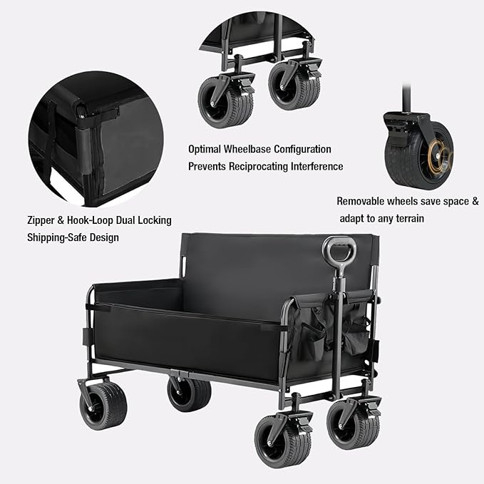 Wagon Foldable Cart Convert to Bench, Collapsible Heavy Duty Cart with Wheels, All Terrain Camping, Utility Grocery Wagon for Beach, Shopping, Garden, Sports and Fishing (LY008-BLACK)