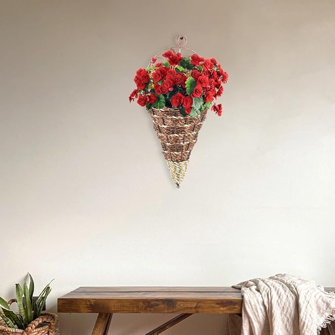POPETPOP Wall Hanging Flower Pot Rattan Cone Shaped Planter Indoor Wall-Mounted Decorative Basket with Iron Frame Space-Saving Design
