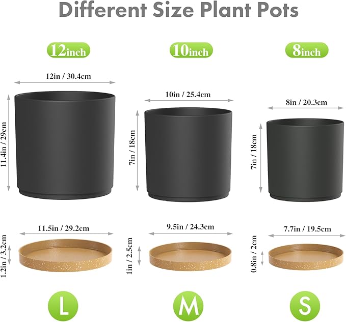 Meowell 12/10/8 inch Large Deep Plant Pots, 3 Pack Tall Cylinder Flower Pots for Outdoor Indoor Plants, Plastic Planters with Drainage Holes and Saucers for Garden Porch House Plants, Black