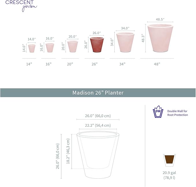 Crescent Garden Madison Planter– Weather-Resistant, Double Walled Indoor/Outdoor Plant Pot with Drain Hole – Large Plastic Plant Pot, 26" W (Old Bronze)