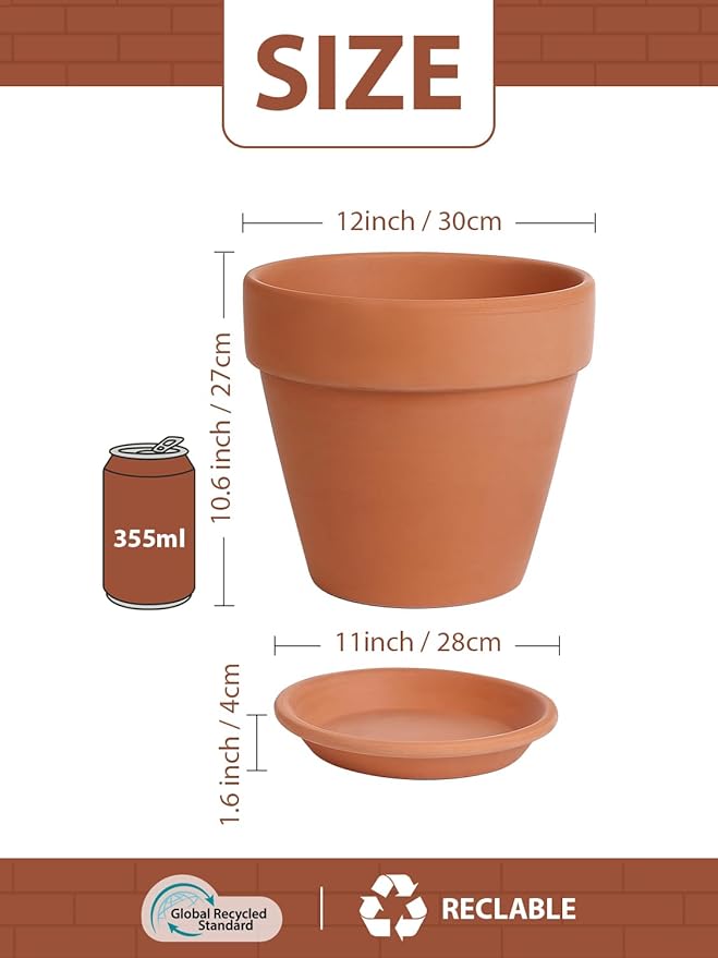 INGOFIN 12 Inch Terracotta Pot with Saucer - Ceramic Clay Pot for Plants with Drainage Hole, Large Terra Cotta Flower Planter with Tray for Indoor Outdoor Plants