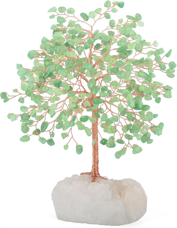 MASGEMES Crystal Tree of Life,Natural Green Aventurine (406 Gemstone Count) Clear Quartz Cluster Base,Chakra Positive Energy FengshuiGood Luck Home Decor,Gift Size 8.5-9 Inches