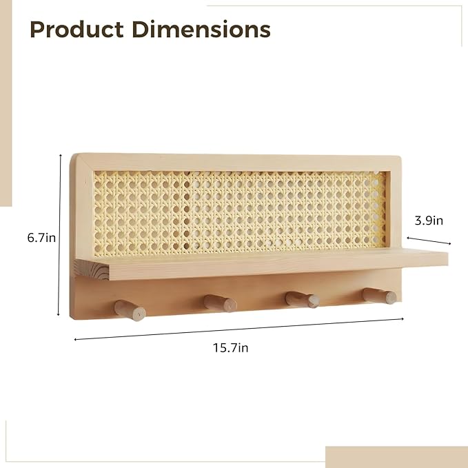 2 PCS Rattan Wall Shelves, Natural Wood No-Drill Rattan Wall Shelf with 4 Hooks for Planters Coats Bags Keys, Self-Adhesive Floating Shelf for Entryway Bedroom Kitchen