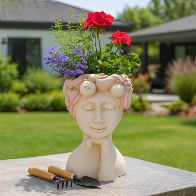 Resin Planter Pots – Decorative Planters for Plants, Indoor Living Room or Covered Patio Placement, Art Face Design Flower Pots for Sculptural Floral Home Decor – 18", White/Pink