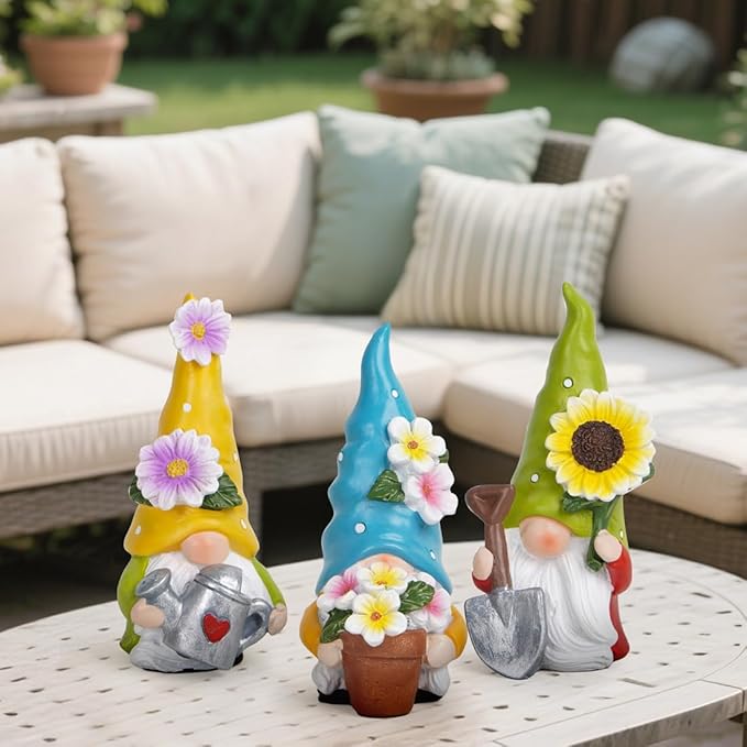 Hodao Spring Decorations for Home - Colorful Garden Gnomes Figurines with Flowers & Tools – Spring Summer Indoor Outdoor Decor for Table, Lawn, Window Sill – Gift for Garden Lovers