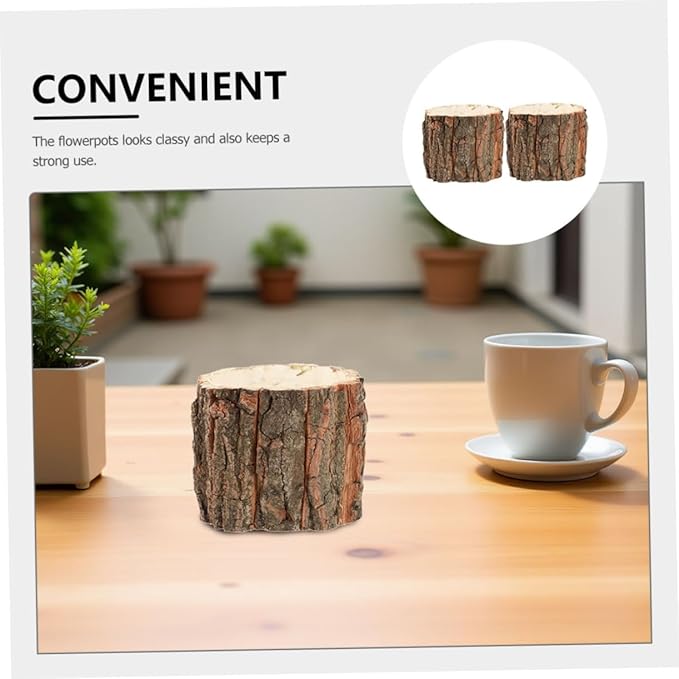 Housoutil Rustic Tree Stump Decor Planter 3.54X3.54X9.44In Wooden Barrel Flower Pot for Indoor Outdoor Garden Patio Lawn Farmhouse Planters