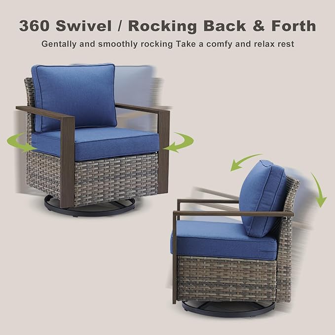 Rilyson Outdoor Wicker Patio Furniture Set - 5 Piece Patio Conversation Set with 2 Wicker Swivel Rocker Chairs,2 Rattan Ottoman and 1 Couch,Thick Cushions,Deep Seating,Wide Armrest(Mixed Grey/Blue)
