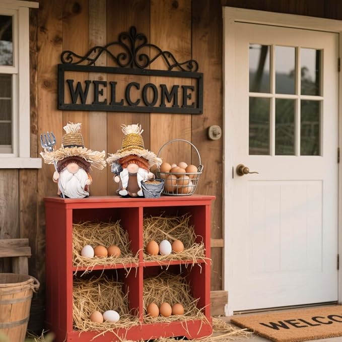 Hodao Farmer Gnomes Figurines — Rustic Resin with Straw Hats & Farm Tools, Hand-Painted Farmhouse Decor & Gift for Gardeners, Home, Porch(Orange)