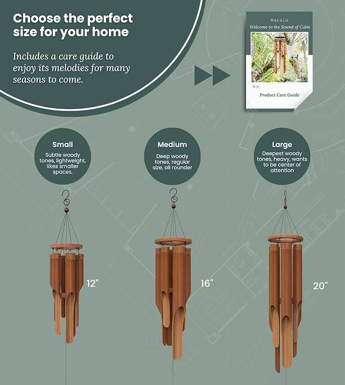 Nalulu Classic Bamboo Wind Chimes - Outside Outdoor Wood Wooden Windchimes, Medium, Handcrafted with Calming Deep Tones, Ideal Home Decor or Gift for Any Occasion