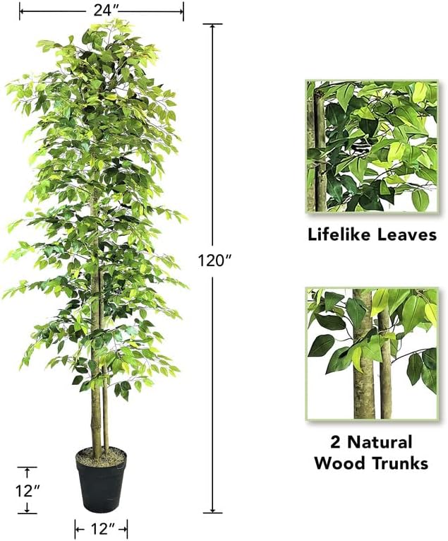 LCG Florals 10ft Artificial Ficus Tree in Black Plastic Pot - Real Wood Trunk, Preassembled, No Maintenance Indoor Faux Plant - Living Room, Home & Office Decor