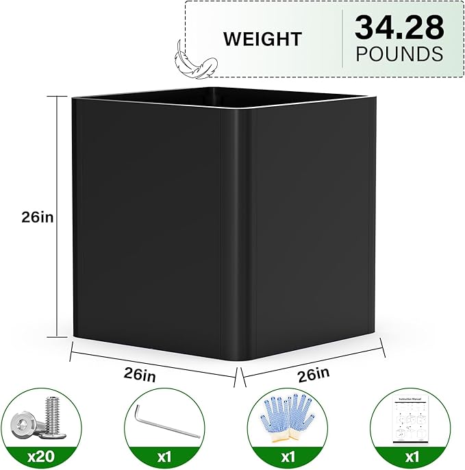 BHCORTEN Large Metal Square Planter 26" L x 26" W x 26" H, Heavy Duty Black Large Outdoor Planters with Drainage Hole for Porch/Patio/Garden