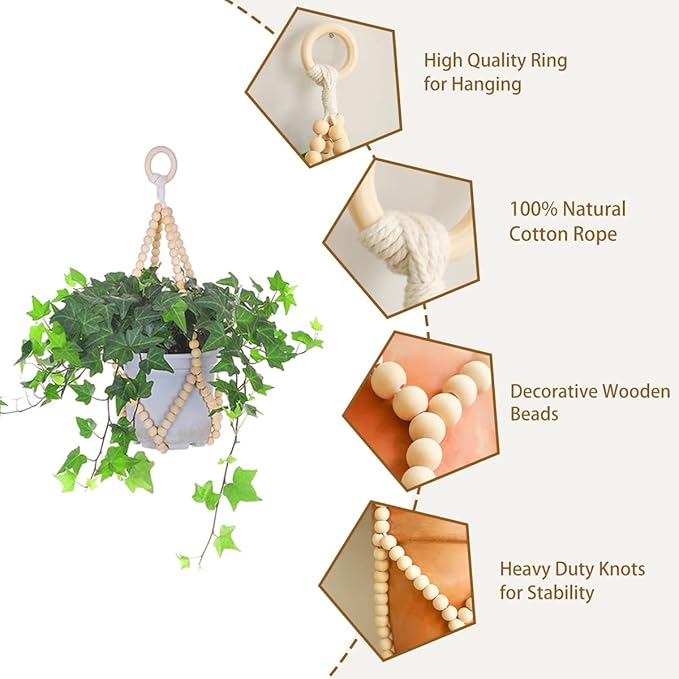 Artilady 2 Pack Beaded Plant Hanger Indoor - Macrame Hanging Planters for Plants Holder No Tassels with Wooden Beads Boho Farmhouse Rustic Home Decor (Wood Color Bead)