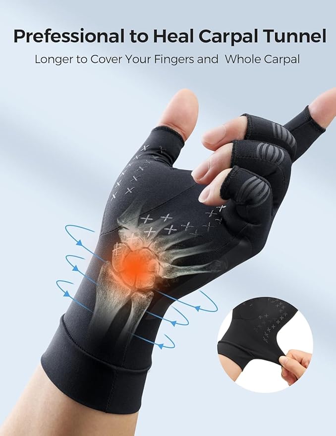 FREETOO Copper Arthritis Gloves for Pain Relief, Strengthen Compression Gloves to Alleviate Hand Pains,Swelling, Fingerless Computer Typing Gloves for Rheumatoid, Tendonitis Women/Men S-Size