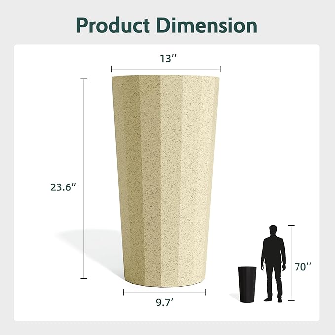 Diyfire 2PCS Tall Planters for Outdoor Plants, 23.6 Inches Large Outdoor Conical Flower Pots for Porch with Drainage Holes and Drainage Baffle, Tapered Large Planters for Garden, Balcony Use, Beige