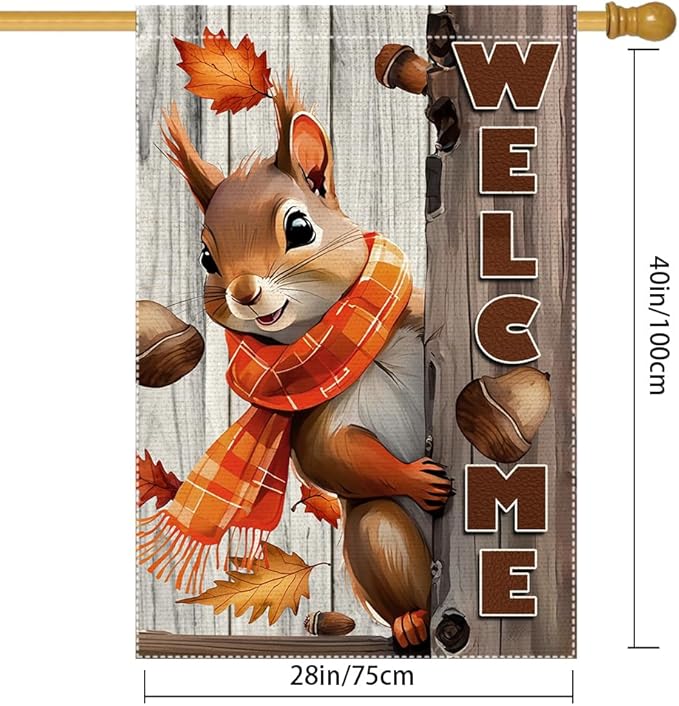 Welcome Fall Garden Flag 28x40inch The Nut Squirrel Fall Autumn Thanksgiving Garden Flags Yard Porch House Flag Double-Side For Home Outdoor Yard Patio Lawn Decor, Garden Decorations (RMQ-718D, 28"X40")