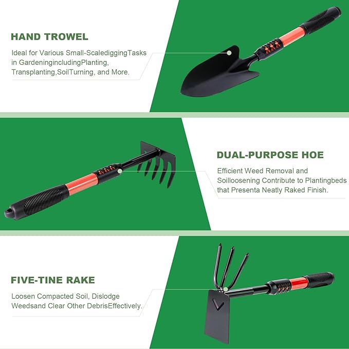 Garden Tool Set, 3 Pack Gardening Tools, Stainless Steel Heavy Duty Hand Cultivator, Hoes, Shovel, for Planting Weeding Digging, Red