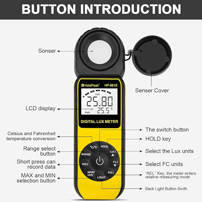 Digital Light Meter (2PCS) - HOLDPEAK 881E Digital Illuminanc/Light Meter with 0.01~300,000 Lux (0.01~30,000 FC) Measuring Ranges and 270° Rotatable Detector for LED Lights and Plants Lumen Meter