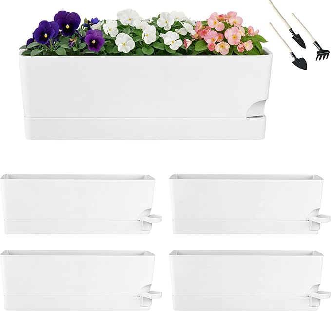 Party Zealot Window Boxes Planters, 5 Pack Self Watering Pots for Indoor Plants 17 Inch Rectangular Planter Rectangle Flower Pots Long Plant Pot Large Window Sill Herb Planter Box, White