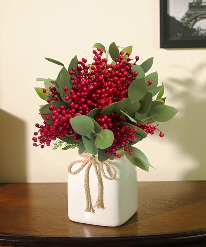 GREENTIME Artificial Red Berry Stems 8 Pack, Festive Christmas Tree Picks, Autumn Fall Home Decor and New Year's Eve Decorations Picks for Holiday Celebrations for Thanksgiving Day Halloween