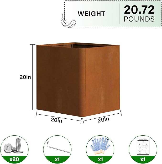 BHCORTEN Corten Steel Planter Box 20" L x 20" W x 20" H,Large Metal Square Planter for Outdoor Plants,Metal Cube Flower Pot with Drainage Hole for Porch Hotel Patio Yard