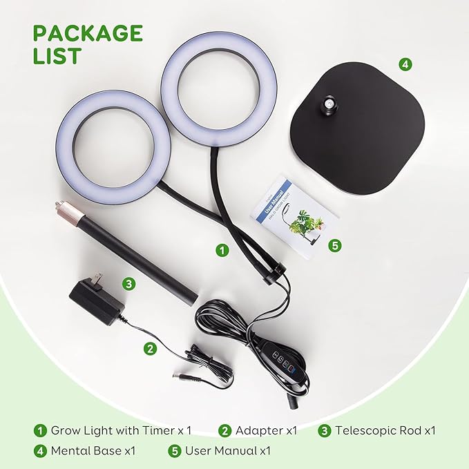 LPMZMBL Dual Heads Grow Lights for Indoor Plant Full Spectrum, Desk Halo Plant Lights for Indoor Growing with 3/9/12 Timer, 5 Dimmable Levels,Height Adjustable 9.4-23.6",Strong Metal Base Happy Light