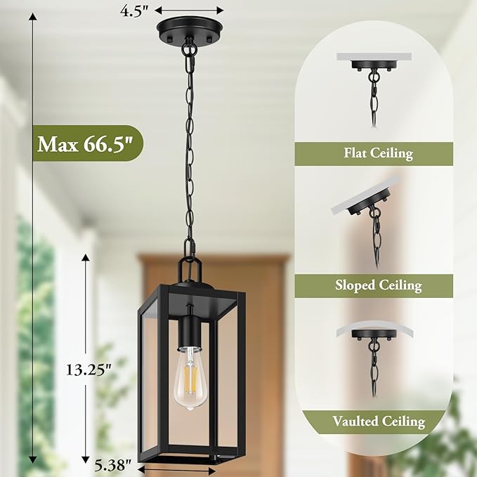BesLowe 1-Pack Outdoor Pendant Light, 13” Modern Hanging Lantern Light for Outside, Black Exterior Pendant Lighting Fixture with Adjustable Chain, Outdoor Chandelier for Porch, Gazebo, Front Door