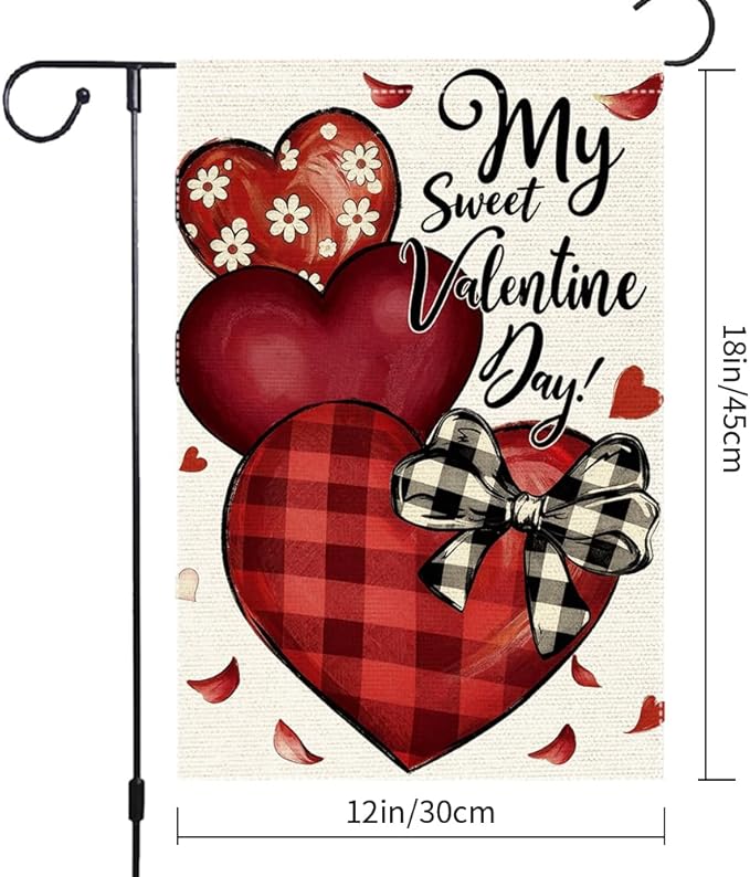Valentines Day Garden Flag 12x18 Inch Double Sided Small Burlap Featuring Red Hearts and My Sweet Valentine Day Text for Outdoor Decor