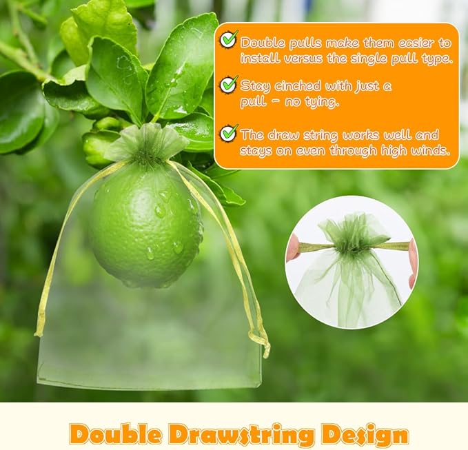 Shintop 100Pcs Fruit Protection Bags, 5x7 Inch Green Strawberry Netting Cover Drawstring Mesh Bags for Blueberry Lemon Little Fruit