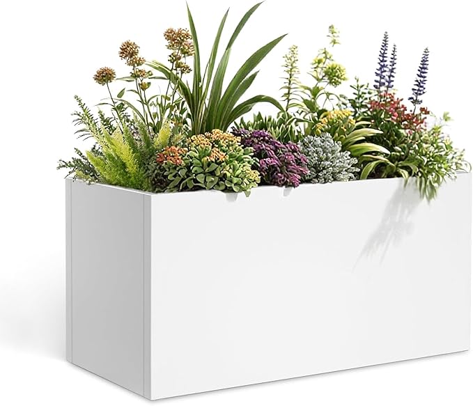 GZLVSOW Galvanized Steel Garden Planter 36” x 12” x 16” White Metal Planter Box Modern Metallic Heavy Planter Indoor & Outdoor, Commercial & Residential (White, L36 x W12 x D16)