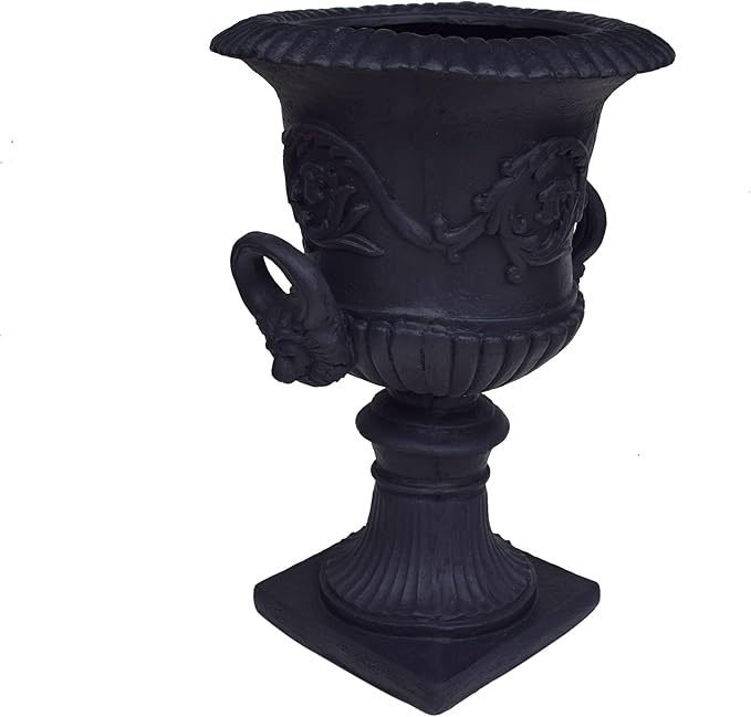 Merax 28-inch MGO Roman Garden Urn Planter, Lightweight Concrete Indoor Outdoor Flower Pot with Drainage Hole & Stopper, Stone-Look Planter for Plants, Flowers, Succulents, and Herbs, Black