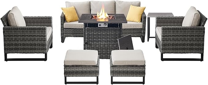 Belord 7 Pieces Patio Furniture Set with 50000BTU Propane Fire Pit Table: Wicker Patio Conversation Set with Outdoor Club Chairs Patio Couch Metal Side Table, All Weather Brown Rattan
