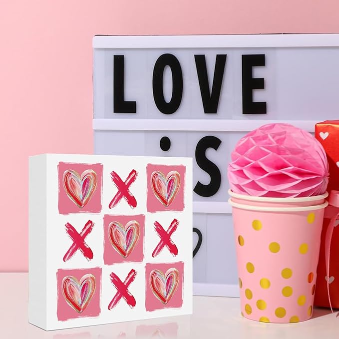 Valentines Day Decorations, Valentines Day Gifts for Her Him, Gift for Boyfriend Girlfriend, Vintage Glitter Pink Checked Xoxo Heart Anniversary Wooden Box Sign Wife Home Office Bedroom Desk Decor