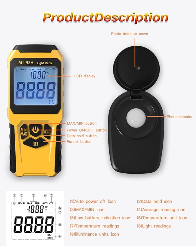 URCERI MT-92H Light Meter with Split Sensor Lux/Foot Candles Meter 500ms Refresh Rates Range up to 200,000 Lux Switchable Backlight Temperature Measurer 14℉-140℉