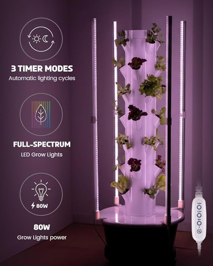 Vertical Hydroponics Growing System Kit, 28-Plant Spacious Indoor Hydroponic Garden Tower with Automatic Timer LED Grow Lights & Pump System, Herb Garden Planter Indoor Kit with 30L Water Reservoir