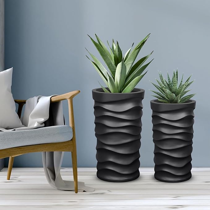 BEYOUDO Tall Planter Outdoor Indoor, 2 Pack Extra Large Plant Pots 20" 18" H Tall Large Tree Planter-Modern Matte Wavy Flower Pot for Indoor Outdoor Proch Decor (Black)
