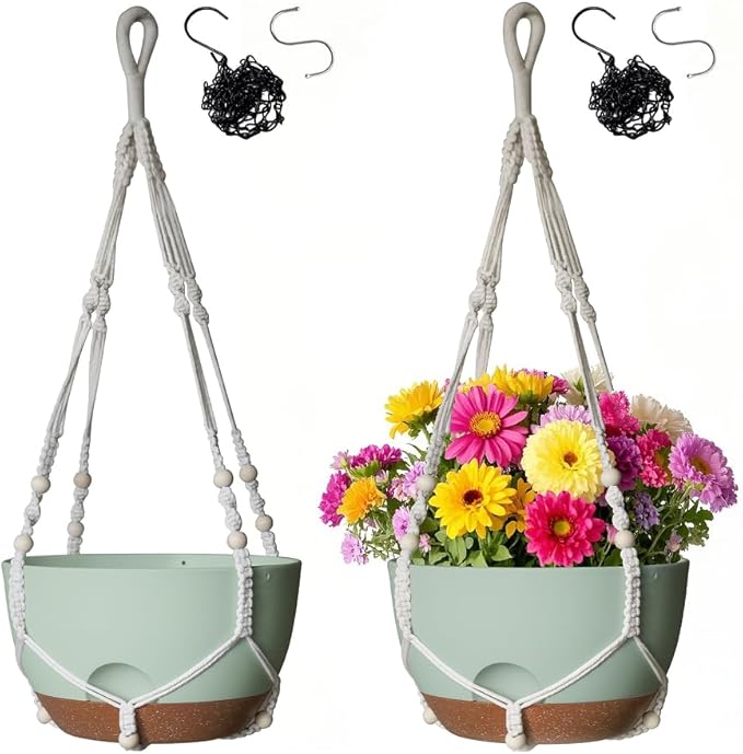 LESOASIS 12 Inch Hanging Baskets for Plants Outdoor, Hanging Planters for Indoor Outdoor Plants, Hanging Planter with Self Watering, Hanging Flower Pots (Green Planter with Macrame + Iron Hangers)