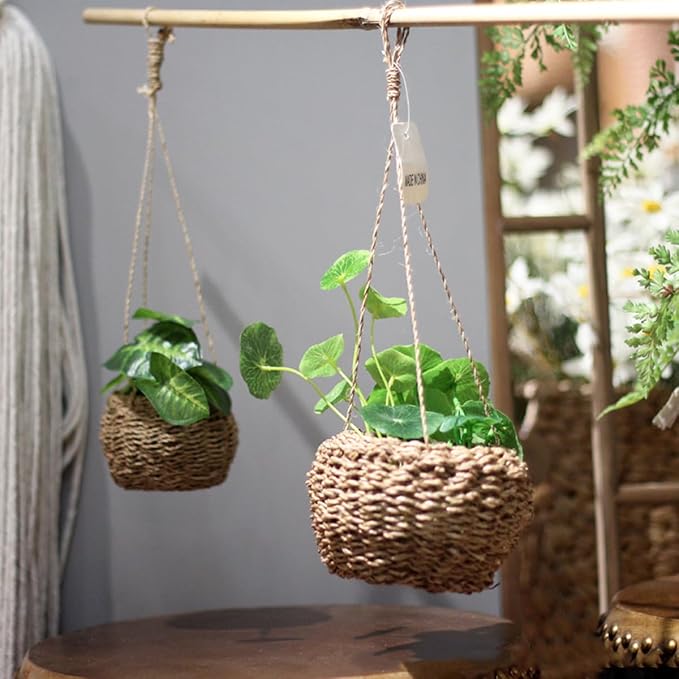 Hanging Planter, Rope Handled Wicker Basket for Indoor Plants, 10X10X9cm/3.93X3.93X3 inches, Light Brown