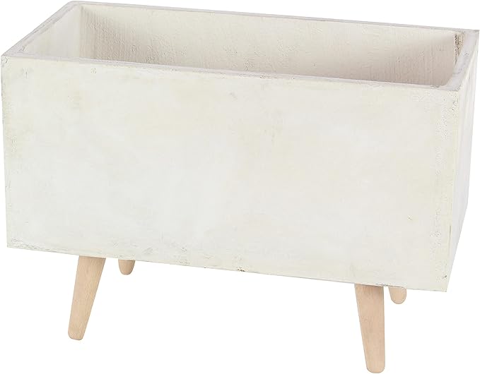 Deco 79 Fiberclay Ceramic Indoor Outdoor Planter Rectangular Large Planter Pot with Brown Wooden Legs, Set of 2 Planters 21", 17"W, White